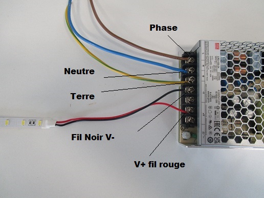 Branchement ruban LED sur alimentation avec bornes