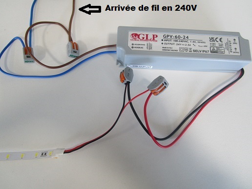 Branchement ruban LED avec alimentation filaire + Wago